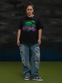 Rick and Morty X SHEIN 大码时尚字母与图形图案黑色针织宽松休闲棉质 T 恤，轻盈透气，适合夏季 - 黑色 - 查看 7