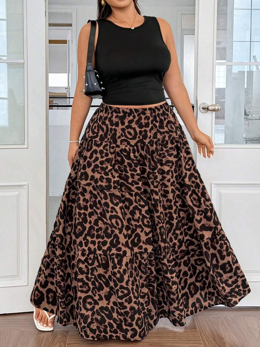 GalTyme Plus Size Women's Solid Color Round Neck Top And Leopard Print Skirt Casual Daily 2-Piece Set - Multicolor - View 1