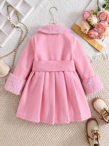 SHEIN Emery Rose Kids 少女秋冬百搭粉色毛領保暖內裡外套，溫暖優雅可愛，適合校園與假期 - 粉色 - 查看 2