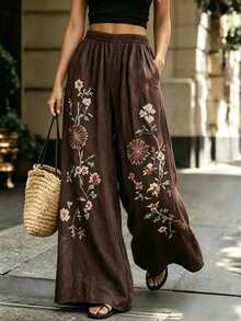 Zayélia Women's Summer Casual Daily Comfortable Floral Print Coffee Color Loose Long Pants - Coffee Brown - View 7