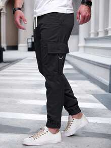 Manfinity CasualCool 男士成熟休閒黑色多口袋工裝束口休閒褲 - 黑色 - 查看 3