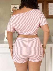 POPSWAY Plus Size Women's Asymmetrical Shoulder Striped Top And Shorts Casual Daily Outfit - Multicolor - View 2