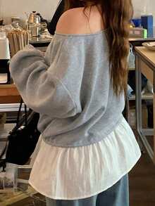 Dazy Plus Loose Casual Patchwork Chiffon Hem Off-Shoulder Thermal Lined Thickened Sweatshirt For Girls, Spring Autumn Winter - Grey - View 3