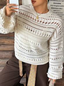 Dazy Plus Solid Color Loose Hollow Out Long Sleeve Casual Vacation Streetwear Autumn/Winter Pullover Knit Sweater - White - View 6