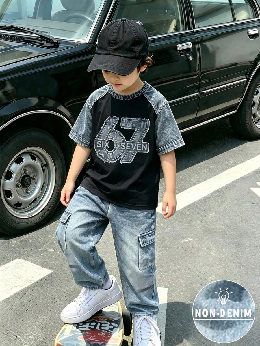 SHEIN 2件組小男孩復古風 67號極簡數位印花短袖T恤與寬腿工裝褲套裝,時尚休閒穿搭,適合四季,酷帥小男孩必備套裝 - 彩色 - 查看 1