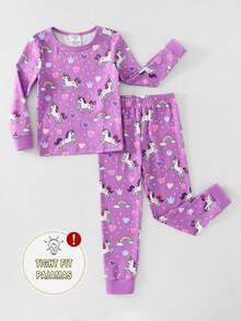 Conjunto de pijama de 2 piezas para niñas pequeñas, cómodo y suave, de tela de rayón de alta elasticidad, con estampado integral de arcoíris y unicornio, leggings de manga larga y cuello redondo - Púrpura malva - Ver 9