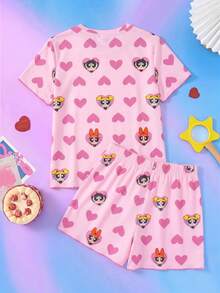THE POWERPUFF GIRLS X SHEIN 青少年女孩全印花短袖上衣與短褲休閒日常居家睡衣套裝 - 粉色 - 查看 2