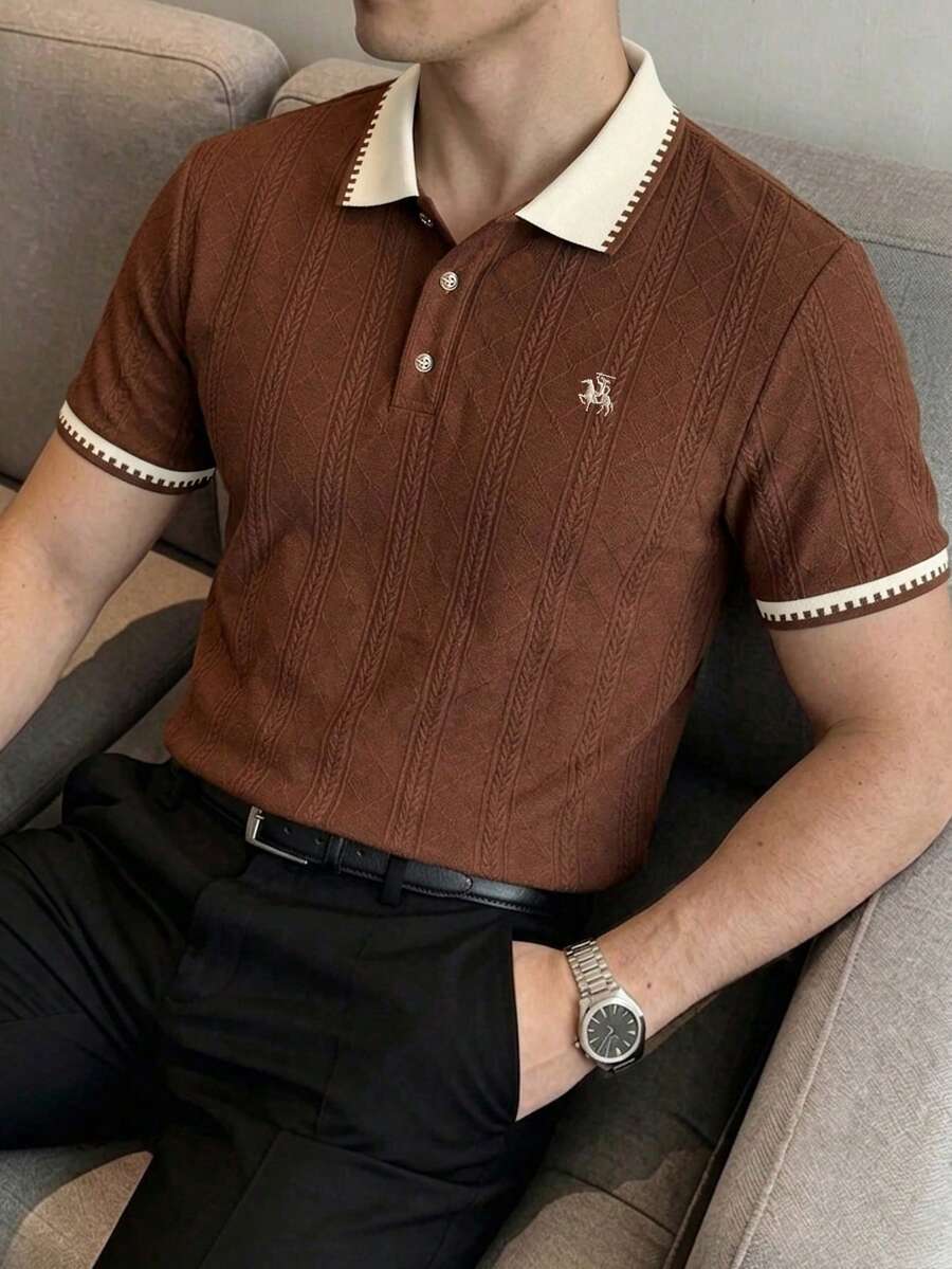 Manfinity Homme 男士時尚休閒通勤短袖 Polo 衫，男士針織提花上衣，男士圖案短袖 Polo 衫，復古風格，老錢風，適合日常休閒、週末旅行，可作為男友/丈夫禮物，派對、夏季度假、海灘穿著、夏威夷婚禮及春夏穿著 - 咖啡棕 - 查看 1