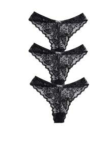 SHEIN 3pcs Women's Sexy Lace Metal Buckle Thong - Black - View 3