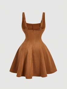 SHEIN MOD Plus Size Chocolate Brown Suede Square Neck Dress,Gold Button Sleeveless Fit And Flare Retro 1950s Vintage 1920s 90s Autumn Office Birthday Night - Brown - View 2
