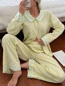 DAZY Women's Star Print Patchwork Top & Pants Pajama Set Fall - Green - View 11
