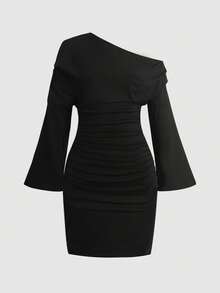 SHEIN Teen Girls Dresses Autumn New Black Knitted Asymmetrical Shoulder Bell Sleeve Ruched Waist Short Dress - Black - View 3