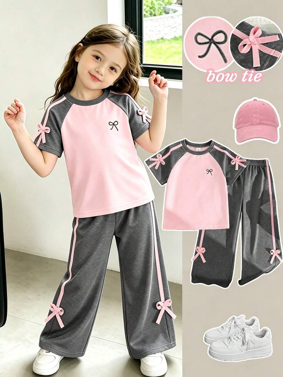 Genkimix Kids 女童春夏休閒時尚新款T恤套裝,柔軟親膚優質面料,寬腿長褲配可愛蝴蝶結裝飾,2件套春夏穿搭 - 深灰色 - 查看 1