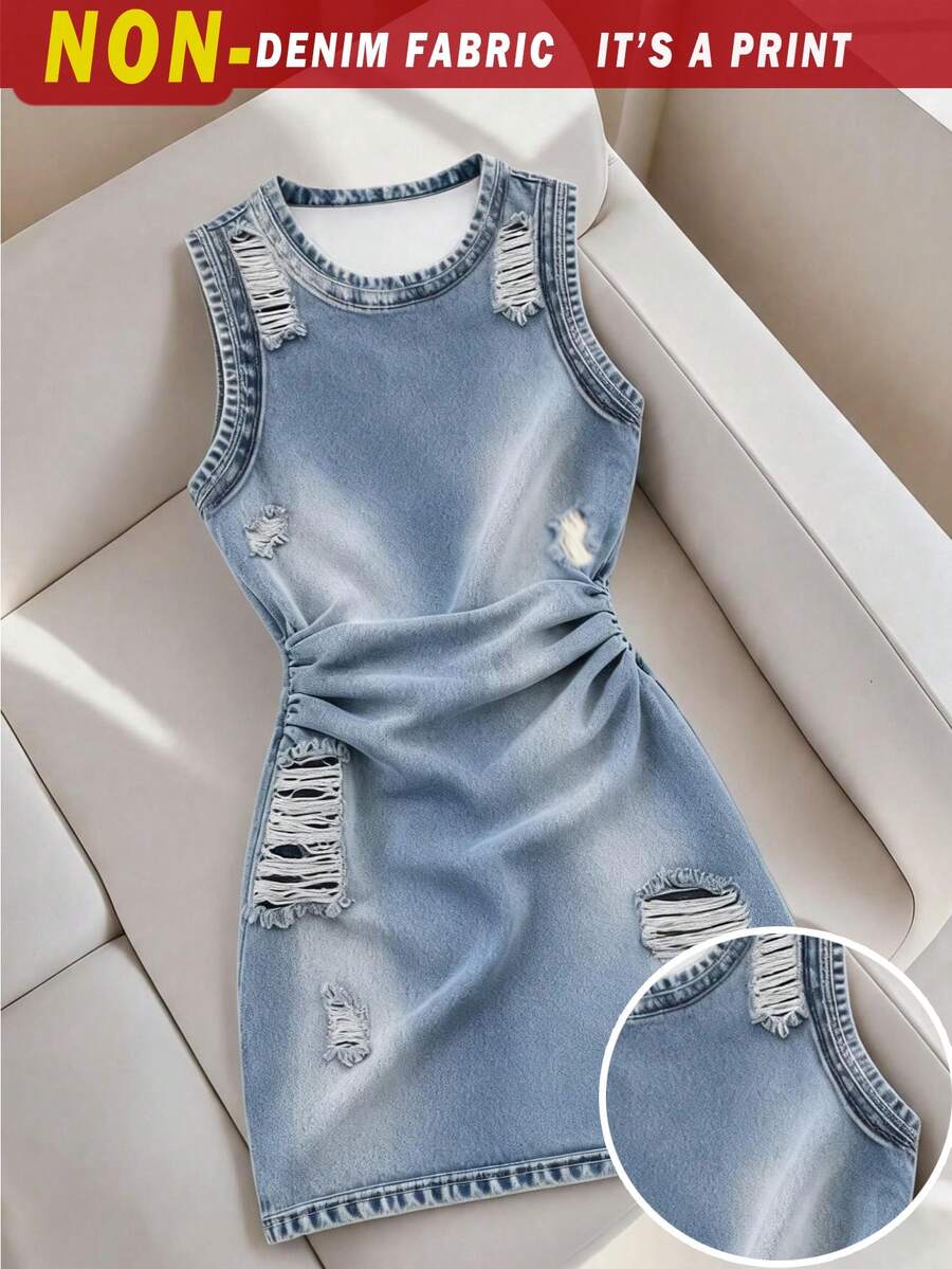 SHEIN 青少年女孩全印花無袖洋裝，適合春、夏、秋季，完美適用於外出、居家穿著與日常舒適，極簡經典修身貼身剪裁洋裝 - 彩色 - 查看 1