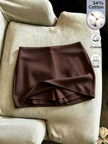 SHEIN Franclia 女款純色休閒百搭日常裙褲 - 棕色 - 查看 1