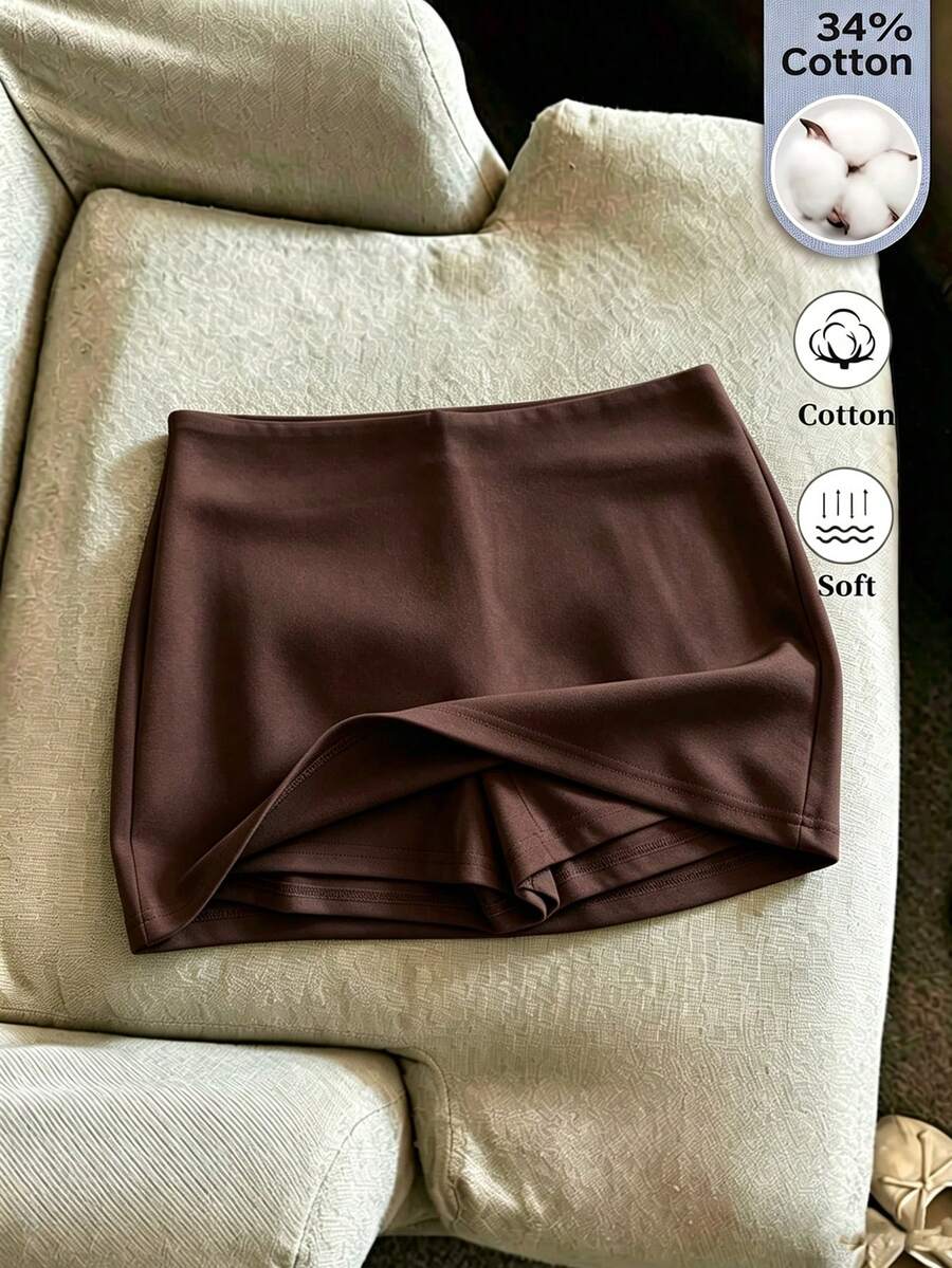 SHEIN Franclia 女款純色休閒百搭日常裙褲 - 棕色 - 查看 1
