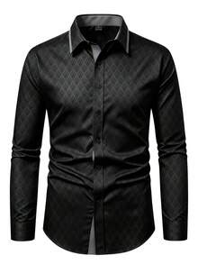 Manfinity Mode 男士時尚休閒商務通勤立領純色鈕扣長袖襯衫，男士正式襯衫。適合日常穿著、通勤上班、外出、派對，可搭配西裝褲或西裝套裝出席派對、婚禮、蜜月場景。可作為禮物送給兒子、丈夫、男朋友、父親，適合秋季 - 黑色 - 查看 4