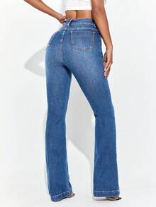 SHEIN Essnce Casual High-Waisted Flare Washed Denim Jeans - Light Wash - View 2