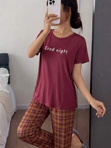 Doze Lane 女款休閒端莊字母印花短袖上衣格紋長褲睡衣套裝，2件組居家睡眠波爾多紅夏季款 - 彩色 - 查看 3