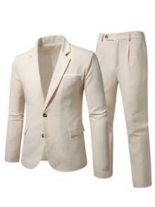 Manfinity Mode 2pcs Men's Solid Color Suit Set (Jacket & Trousers) Formal - Apricot - View 4