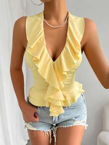 Femesol Camiseta sin manga con cuello de halter para mujer de ajuste delgado con ribete de volantes y unicolor para el verano - Amarillo - Ver 4
