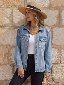EMERY ROSE Women's Casual Everyday Washed Button Front Flap Pocket Denim Jacket,New Autumn Arrivals - Light Wash - View 3