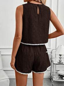 SHEIN Clasi 女款拼色圓領上衣與裙褲休閒日常兩件套 - 咖啡棕 - 查看 2