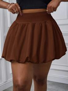 SHEIN PETITE CURVE 大尺碼純色百褶泡泡裙，休閒可愛風，適合度假、約會、約會之夜、牛仔之夜、早午餐，巧克力棕色，秋季 - 咖啡棕 - 查看 3