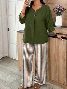 Weeklong Casual Style Plus Size Women's Solid Color Notch V-Neck Shirt And Striped Pants 2-Piece Set - Multicolor - View 3