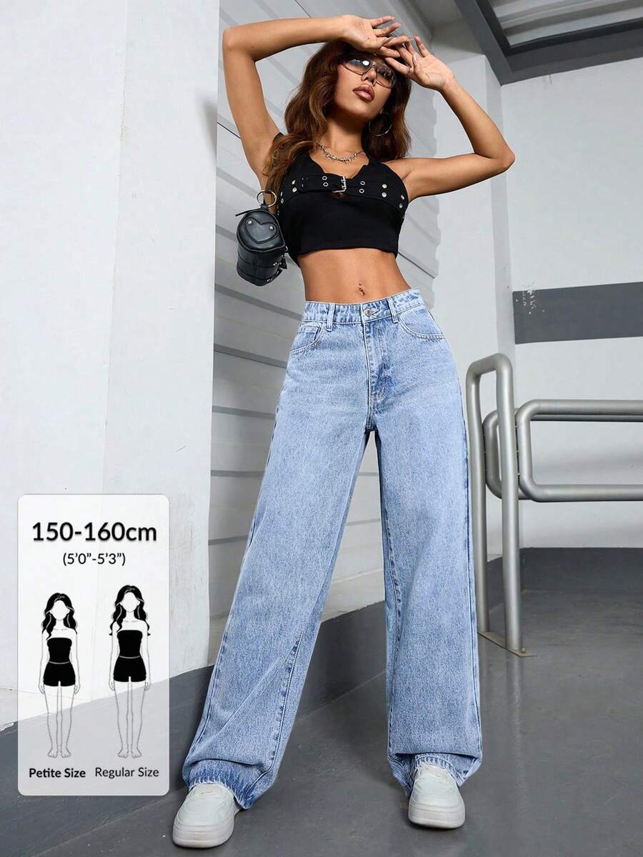 SHEIN PETITE 女士时尚百搭口袋纽扣宽松牛仔裤 - 淺色水洗藍 - 查看 1
