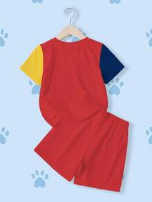 SHEIN | PAW Patrol 2pcs/Set Young Boy Contrast Color Cartoon Print Round Neck T-Shirt And Shorts Set - White - View 2