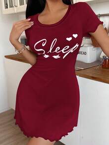 SHEIN 女款夏季短袖休閒字母印花Ins風睡裙 - 酒紅色 - 查看 4