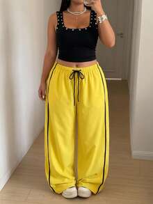 Maweii Plus Size Women's Drawstring Waist Colorblock Casual Versatile Everyday Travel Long Pants Fall - Yellow - View 3