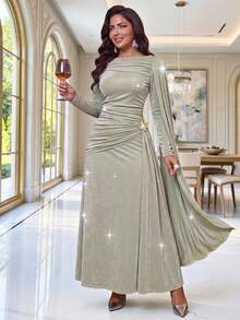 Auveirra Plus Size Women Solid Color Pleated Metallic Butterfly Decor Casual Party Dress Fall - Green - View 3