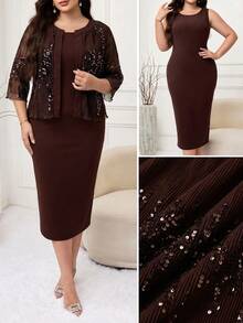 Modelyn Plus Size Elegant Party Sequin Jacket & Dress 2 Pieces Set - Rust Brown - View 1