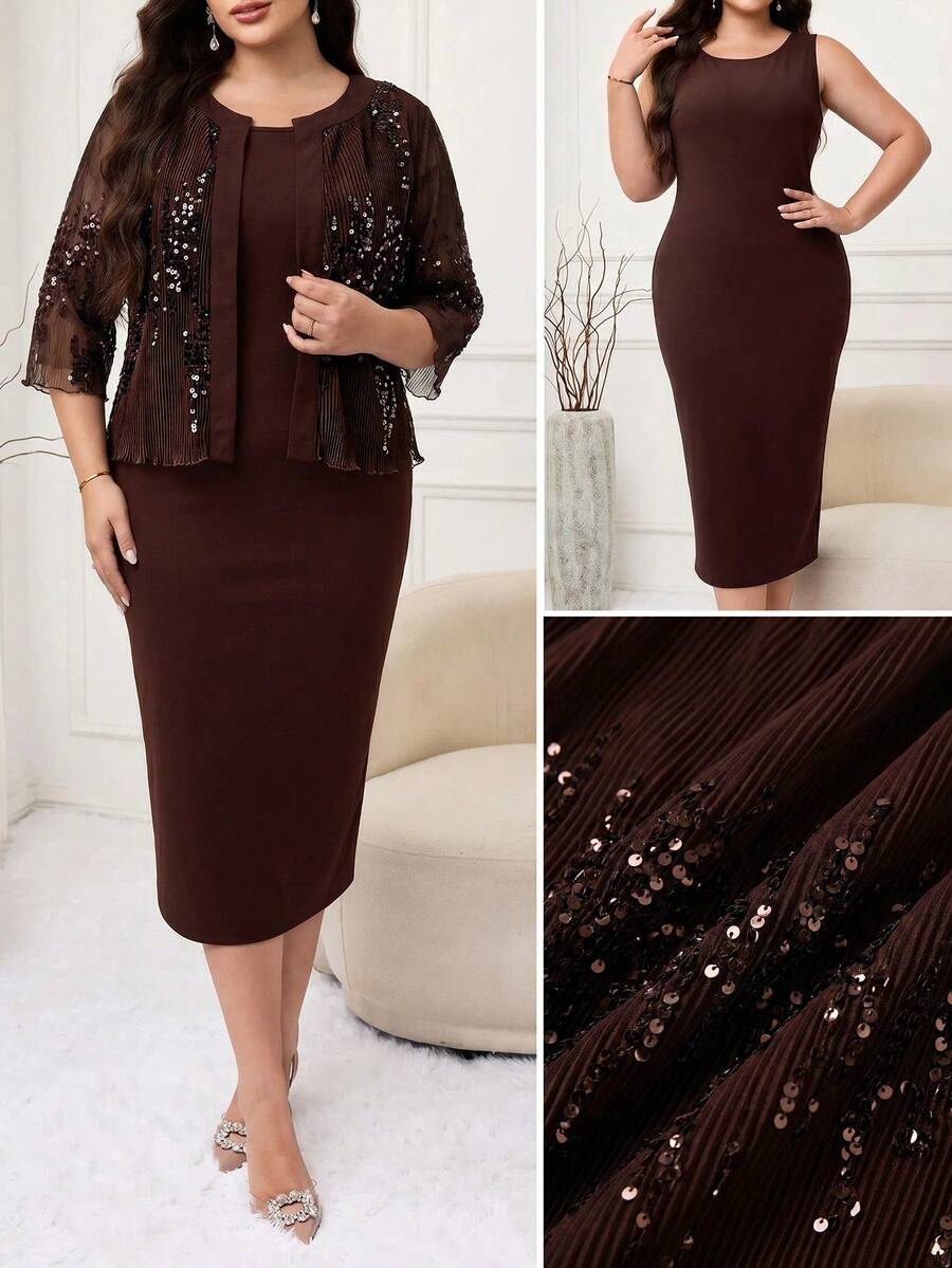Modelyn Plus Size Elegant Party Sequin Jacket & Dress 2 Pieces Set - Rust Brown - View 1