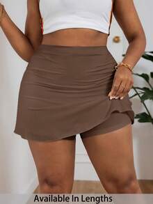 SHEIN PETITE CURVE Spring/Summer Vacation Style Solid Color Ruched Ruffle Hem Plus Size Skirt Fall - Brown - View 1
