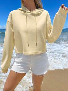 SHEIN EZwear 休閒極簡淡黃色基本款短版連帽寬鬆女款運動衫，舞蹈運動衫，適合春季、夏季、初秋 - 杏色 - 查看 10