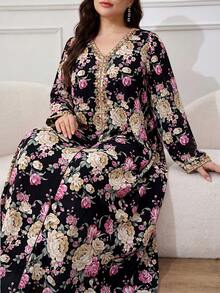 Al Najma 大尺碼女款優雅花卉印花寬鬆阿拉伯風洋裝 - 黑色 - 查看 1