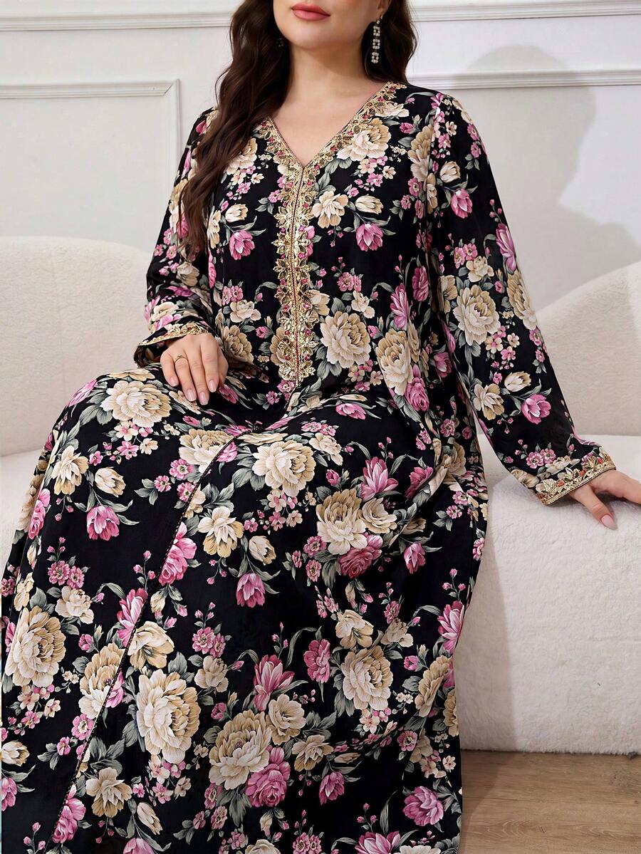 Al Najma 大尺碼女款優雅花卉印花寬鬆阿拉伯風洋裝 - 黑色 - 查看 1