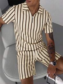 Manfinity CasualCool 男士夏季休閒度假通勤紋理布料短袖 Polo 衫，抽繩收腰 S 號 - 彩色 - 查看 3