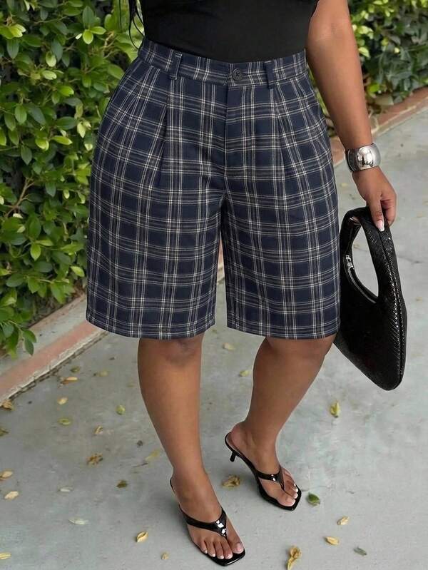 Slaydiva New Spring/Summer Back-To-School Business 90s Casual Loose-Fitting Dark Plaid Trousers With Zipper Plus Size Women's Capri Trousers - A Navy Blue