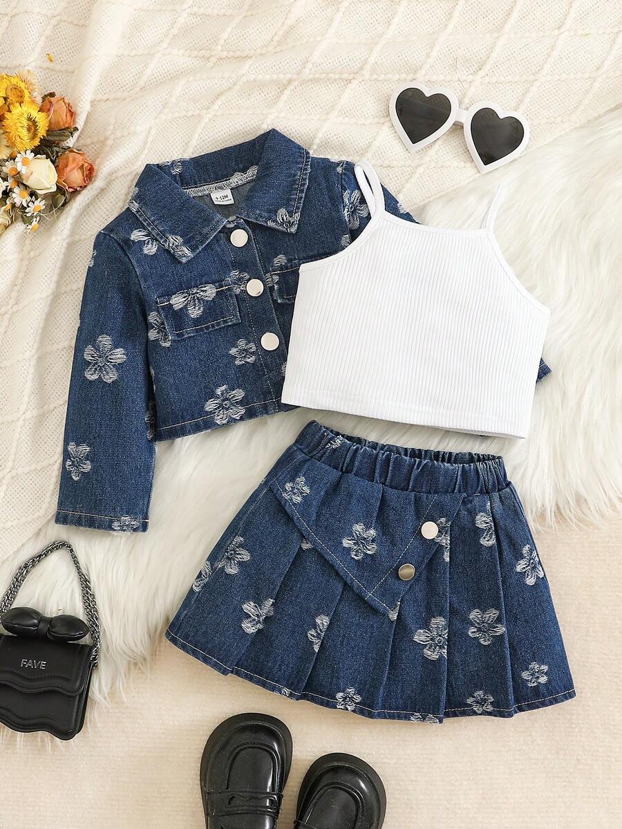 SHEIN Playful Pals 3pcs Baby Girl Denim Jacket Skirt Cute Sweet Dark Blue White Floral Ribbed Pleated Long Sleeve Lapel Collar Regular Party Family Matching Autumn