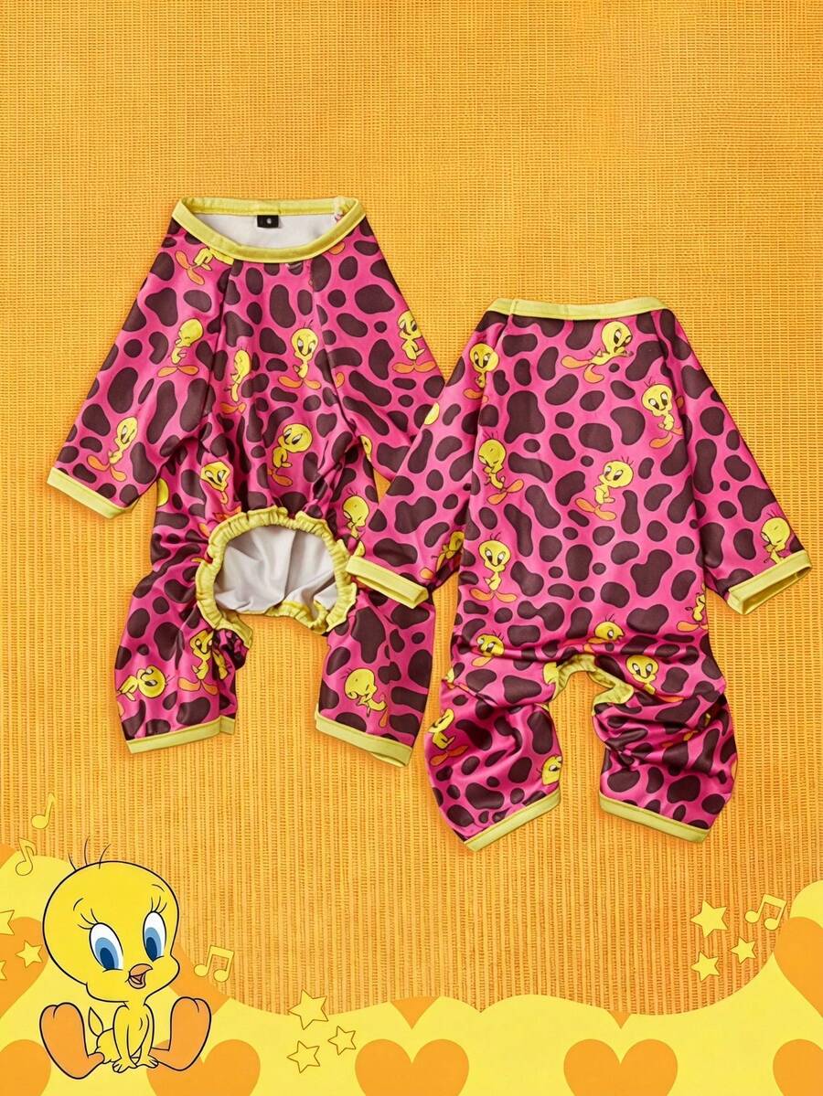 LOONEY TUNES X PETSIN 1 buah Baju Terusan Hewan Peliharaan Elastis Empat Kaki Motif Kartun Burung Kuning Lucu, Mawar Merah, Motif Macan Tutul, Cocok untuk Bersantai di Dalam Ruangan atau Petualangan Seru di Luar Ruangan - MultiWarna - View 1
