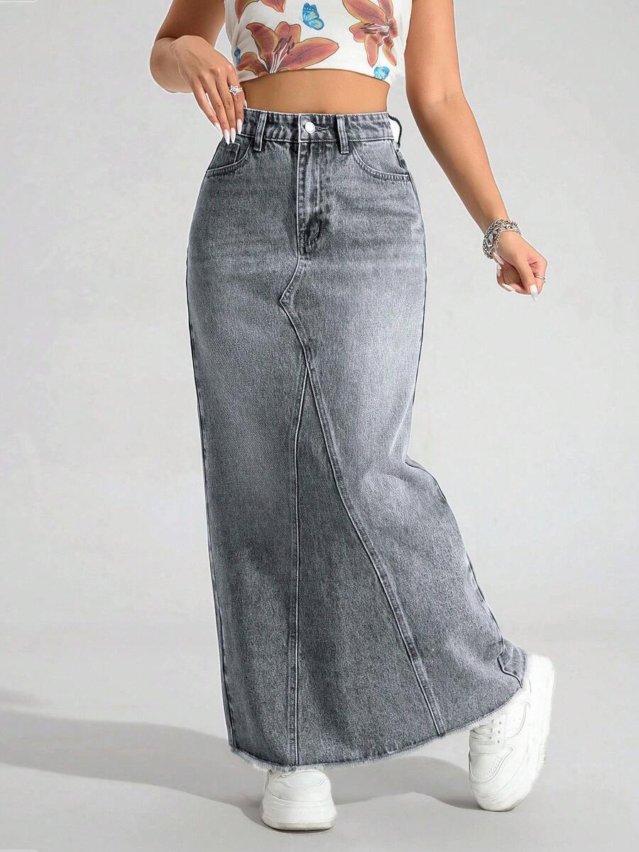 SHEIN ICON Plus Size Women Vintage Washed Denim Skirt, Autumn/Winter Date Night Dark Wash - Light Grey - View 1