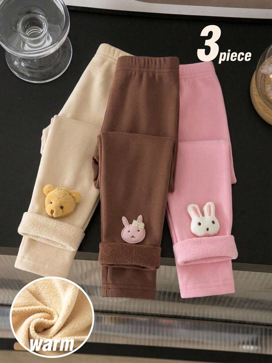 SHEIN 少女可愛3D裝飾舒適冬季內搭褲3件組 - 彩色 - 查看 1