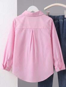 SHEIN 青少年女孩條紋輕便防曬襯衫，春夏季、度假、夏季、旅行 - 粉色 - 查看 2