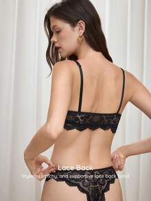 Bralution 2pcs Black Molded Cup Water Drop Cup Push Up Lace Patchwork Sheer Rhinestone Glitter Romantic French Women's Lingerie Set Wedding Guest - Black - View 3