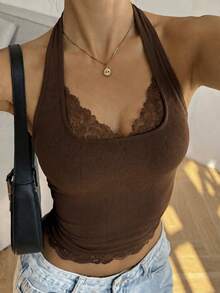 Lavishia 性感蕾絲拼接掛脖上衣 - 咖啡棕 - 查看 8