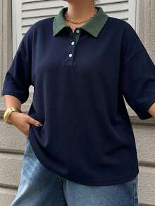 Dazy Plus 女款大尺碼拼色拼接條紋寬鬆 Polo 領中袖休閒夏季 T-shirt - 藏蓝色 - 查看 4